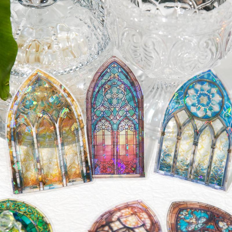 6 style 20pcs Colorful Glass Flower Window Theme Hot Stamping PET Sticker DIY Handmade Materials Scrapbook Background Decoration