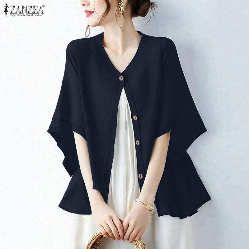 ZANZEA Women Casual Round Neck Half Sleeve Loose Cardigan Blouse