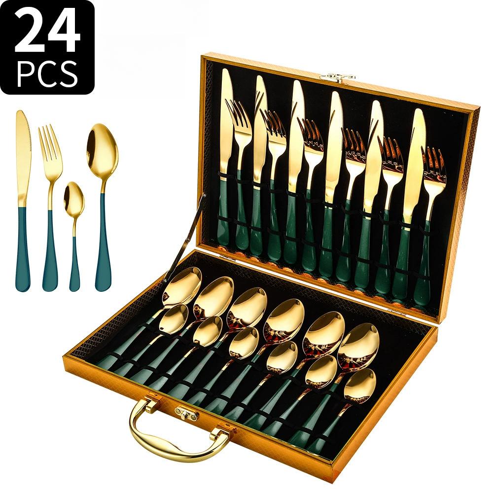 24PCS Stainless Steel Metal Cutlery Knife Fork Spoon Set with Storage Gift Box Quality Cutlery Set for Home Restaurant Tableware