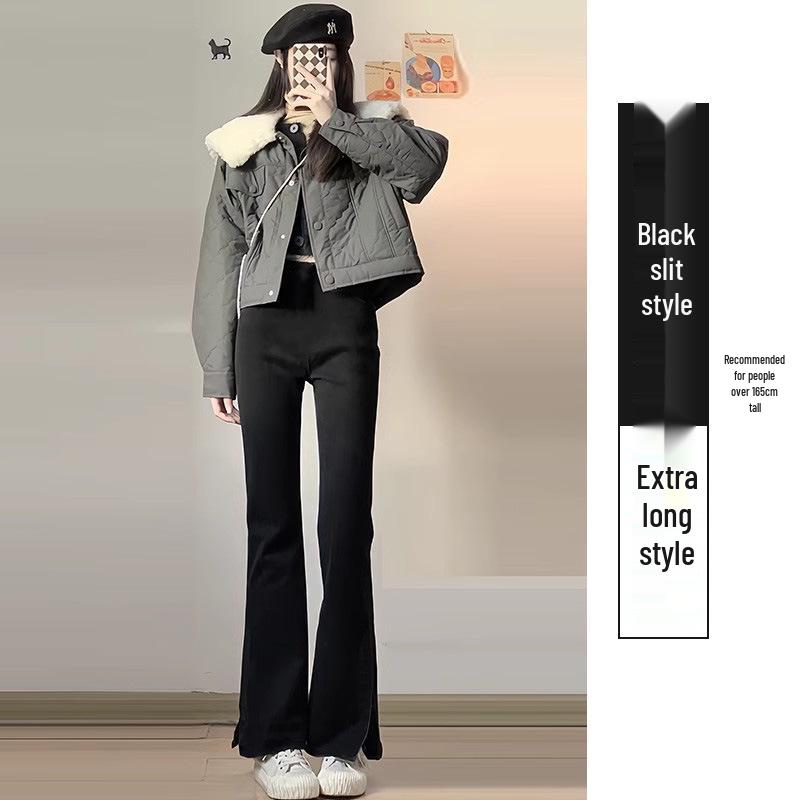 Damen Schwarze Fleecegefütterte High-Waist Schlankmachende Schlaghose für Herbst/Winter 2025