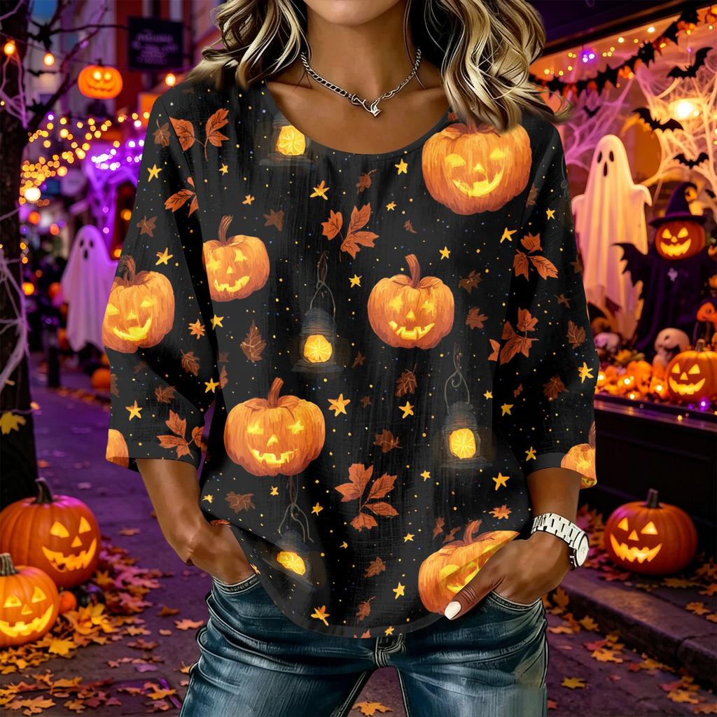 Women's Casual Halloween Print Round Neck Three Quarter Sleeve Linen Cotton Blend Top Comfortable Loose Fit Autumn Shirt
