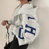 Women Y2K Crop Zip Up Hoodie Letter Print Oversized Long Sleeve Hooded Sweatshirt Casual Streetwear Short Jacket Outerwear