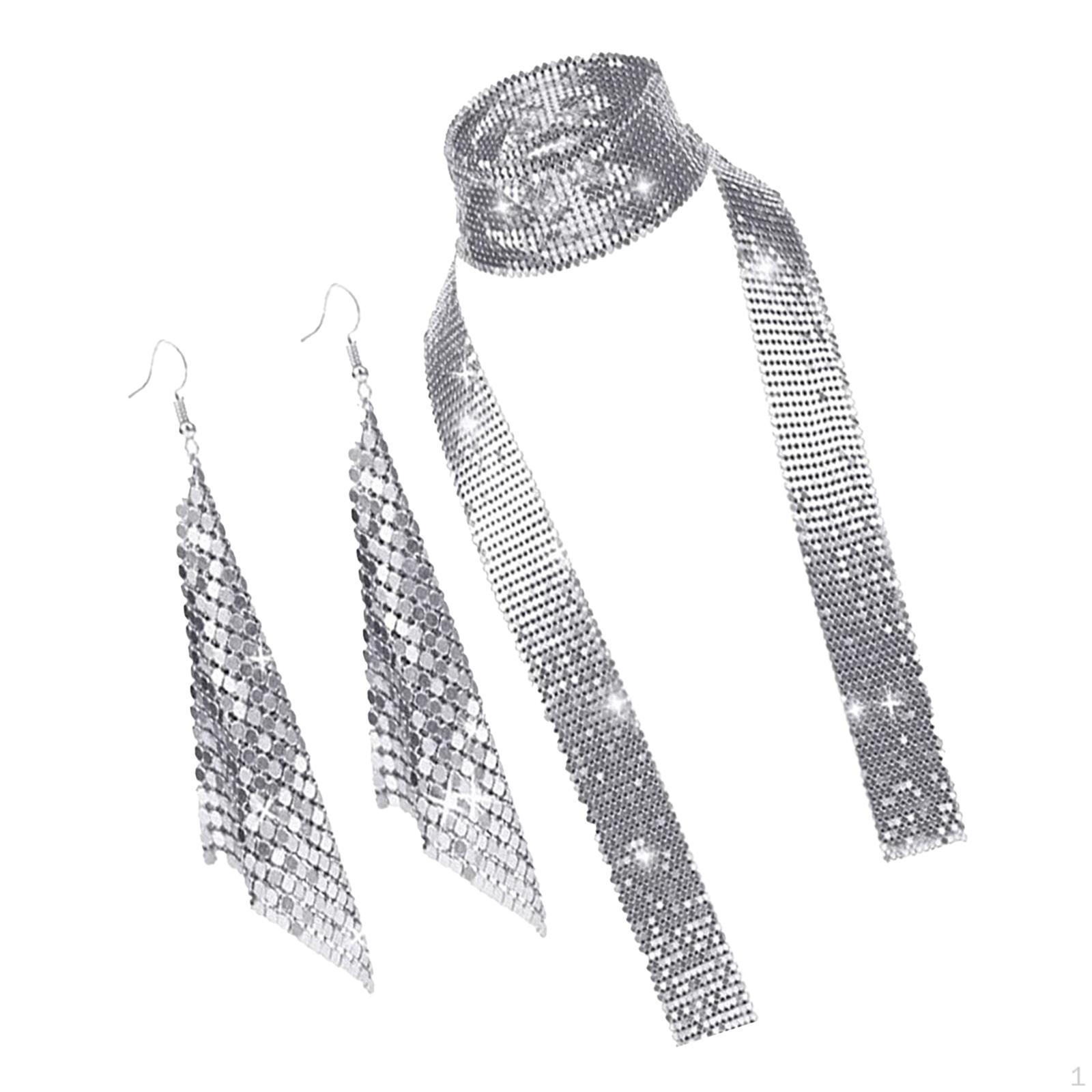 

Metal Sequins Neck Tie Scarf Long Tassels Dangle Earrings Vintage for Girls Silver