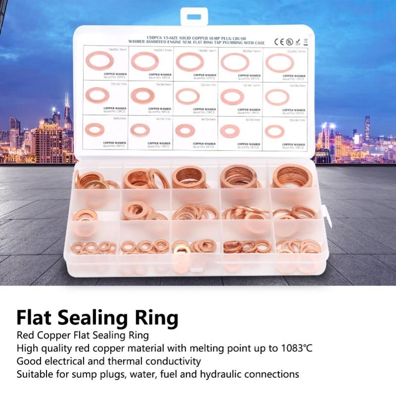 150pcs Flat Sealing Ring Red Copper Gasket O Ring Gasket Sealing Ring Washer M5/M6/M8/M10/M12/M14