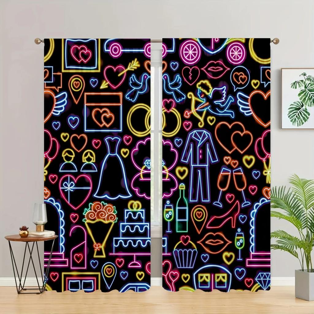Colorful Heart Lip Printing Curtain Rod Pocket Window Treatment for Bedroom Office Kitchen Living Room Study Home Decor 2pcs