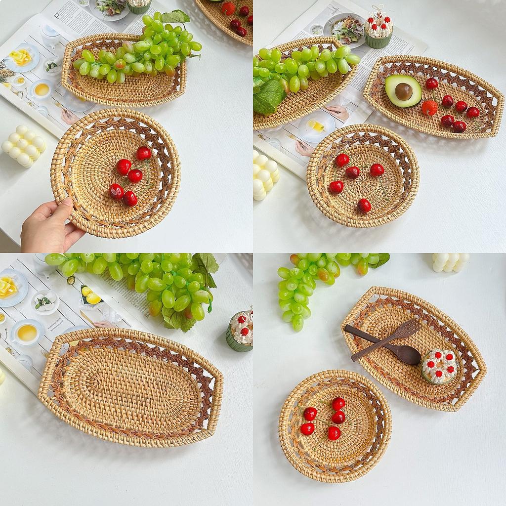 Vietnam Rattan Woven Snack Basket Bread Storage Tray Rustic Home Decor