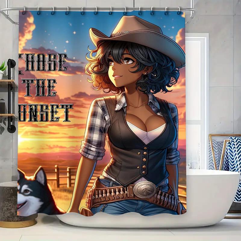

Western Cowgirl Shower Curtain Sunset Chase Western Decor Bathroom Accessories Set for Home Decoration Blue and Brown Colorful P 90x180cm