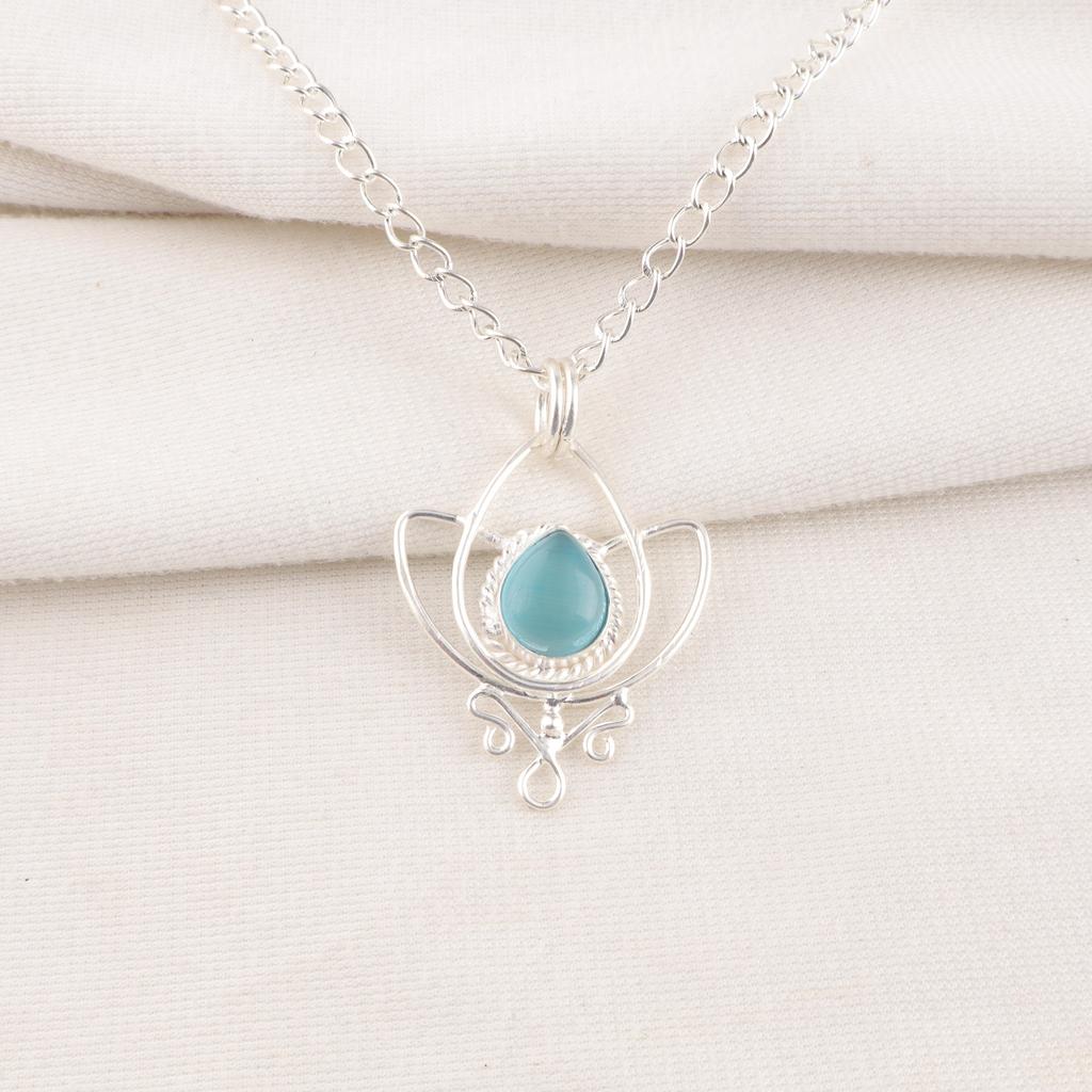 Blue Cat's Eye Gemstone Pendant, 925 Sterling Silver Pendant Jewelry, Handmade Jewelry Pendant, Everyday Jewelry Gift For Women