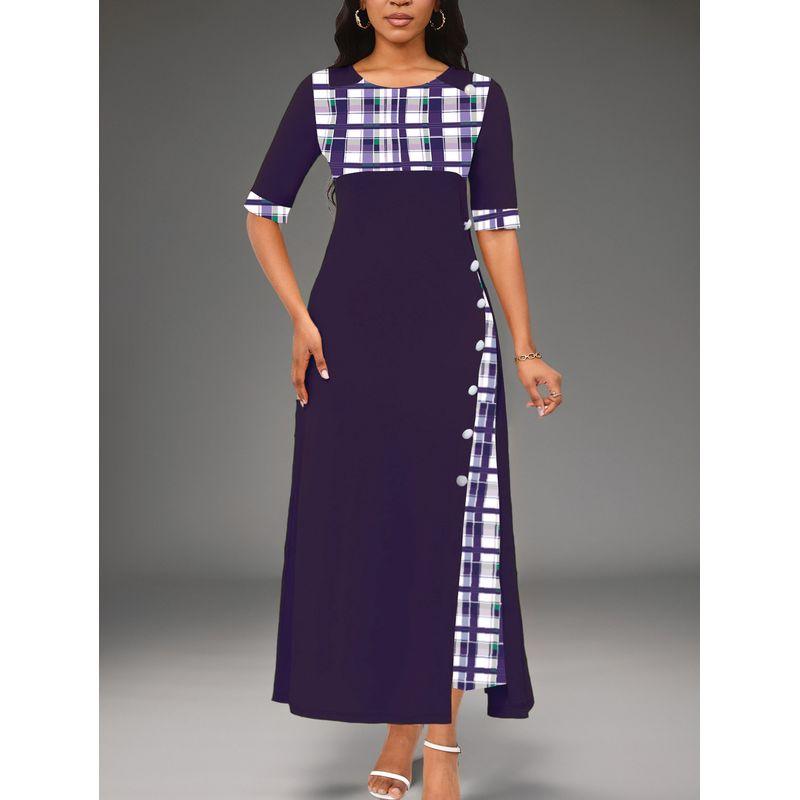 

Large Quantities in Stock of the 2026 New Dress Model, Amazon s Best-Selling Round-Neck Color-Blocked Mid-Sleeve Irregular Long Dress Purple XXXL