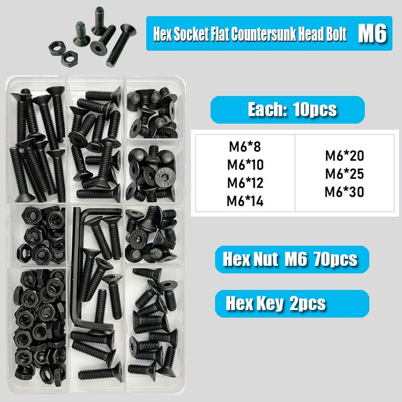 Countersunk Flat Head Hex Bolt Nut Set Kit M2 M3 M4 M5 M6 Black Grade 10.9 Steel Hex Hexagon Socket Countersunk Head Allen Screw
