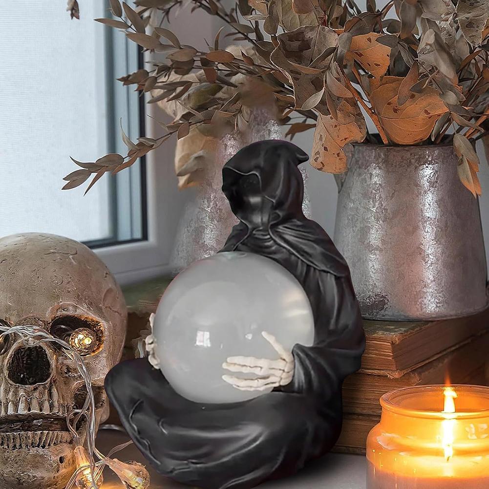 LED Halloween Decoration Crystal Ball Resin Death God Crystal Ball Spooky Sculpture Ornament for Halloween Party Decoration