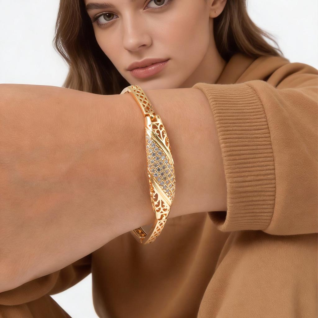 Exquisite Unique Chain Design Gold Plated Bracelets Gift for Women, Dainty Shiny Cubic Zircon Wristband Bangle Non Tarnish