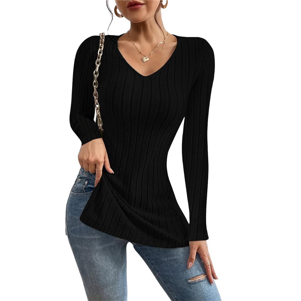 Women's V-Neck Long Sleeve Pullover Top, Color Casual for Everyday Wear