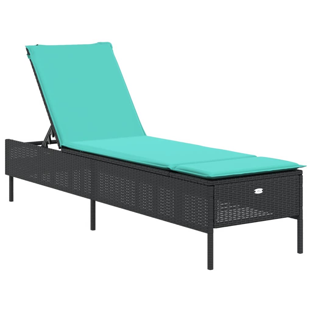 Black Sun Lounger with Cushions Poly Rattan