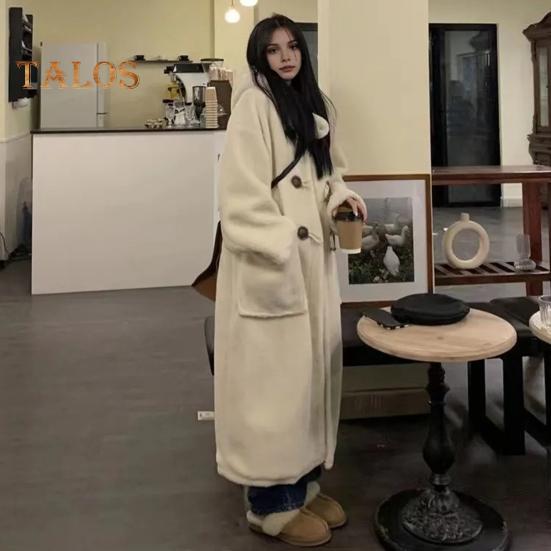 Wintermantel für Damen mit Kapuze, dickes Fleece, reine Farbe, Hornknopfverschluss, lange Ärmel, mittellang, kältebeständige Oberbekleidung, Schul-Outdoorjacke