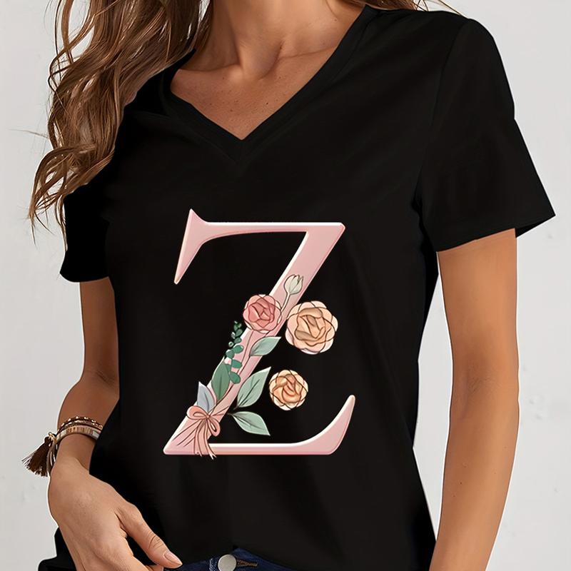Cartoon Alphabet Flower Graphic Tee Womens Clothing Pink Flower Alphabet Gift Tshirt FeUnisex Vintage 26 Initials Flower Tshirt