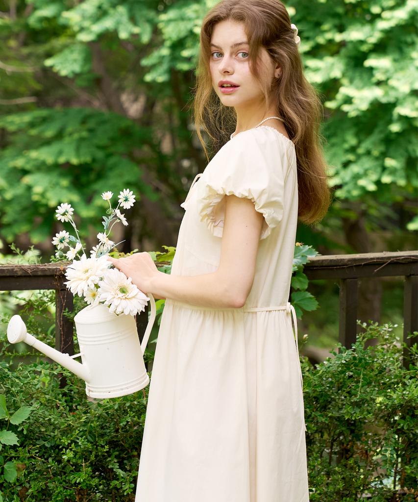Slow Lolly Puff Shirring Long Dress - Beige