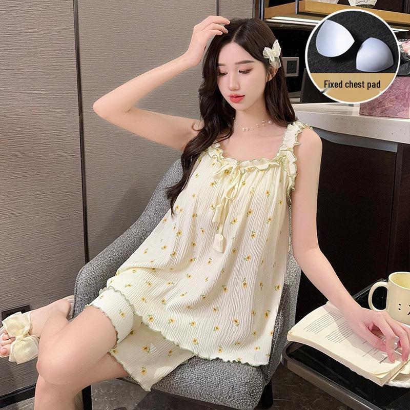 Women's Summer Bubble Cotton Pajamas - Cute Princess Style with Chest Pads & Suspender Shorts, Ideal for Homewear