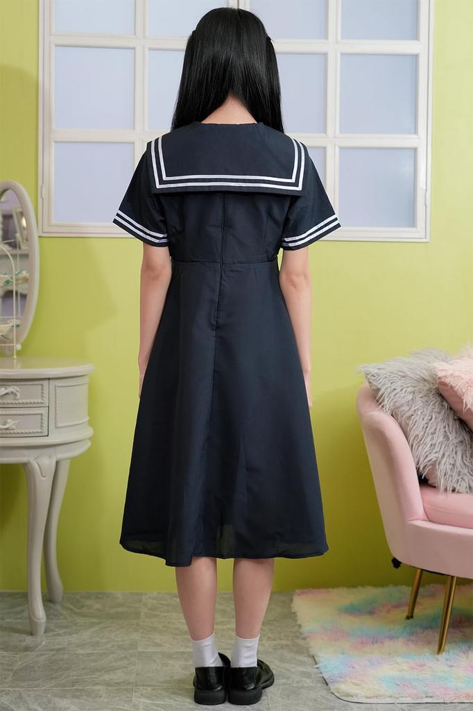 A&TCollection Kami Girls' School Elementary School Uniform, Navy Blue Sailor Suit, Size M, Women's Cosplay Costume