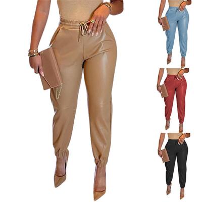 Kadın Moda Düz Renk İpli Cep PU Deri Rahat Tayt Pantolon