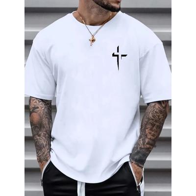 Summer Men's 100% Cotton Casual Loose Large Cross Faith Printed Sports Comfortable Round Neck Short Sleeve T-shirt Top