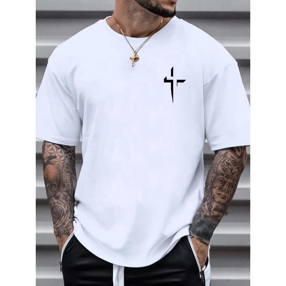 Summer Men's 100% Cotton Casual Loose Large Cross Faith Printed Sports Comfortable Round Neck Short Sleeve T-shirt Top