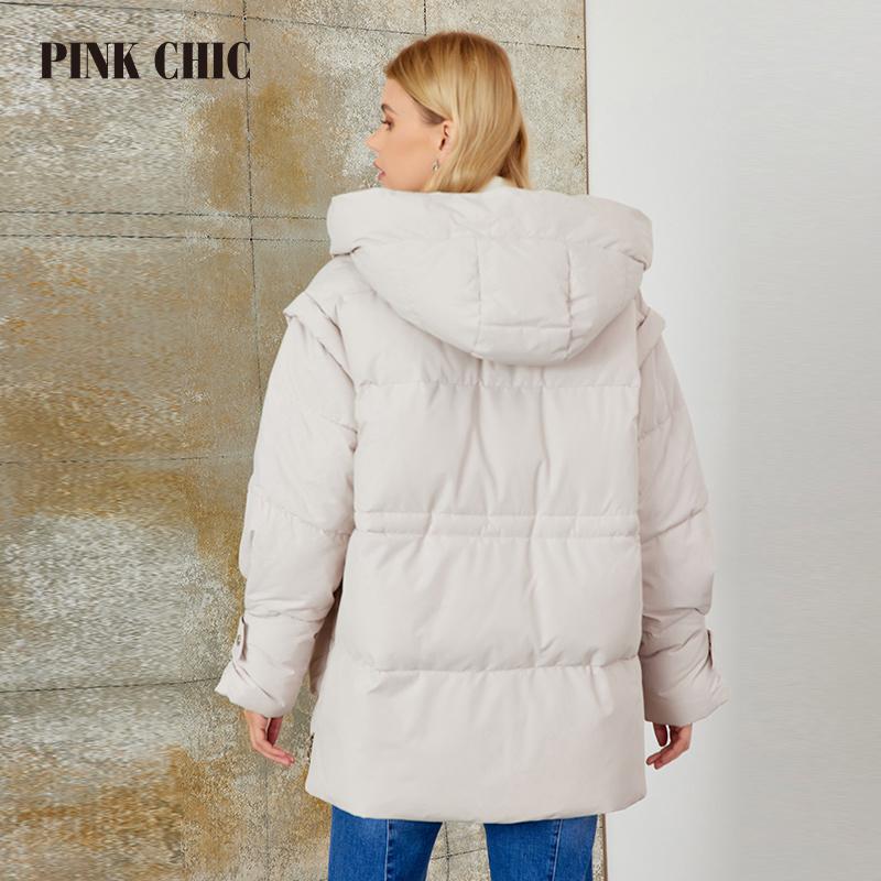 PINK CHIC 2025 New Winter Coat Women Down Jackets High Quality Dark Warm Lace Up Hooded Short Version Parka Female W6651