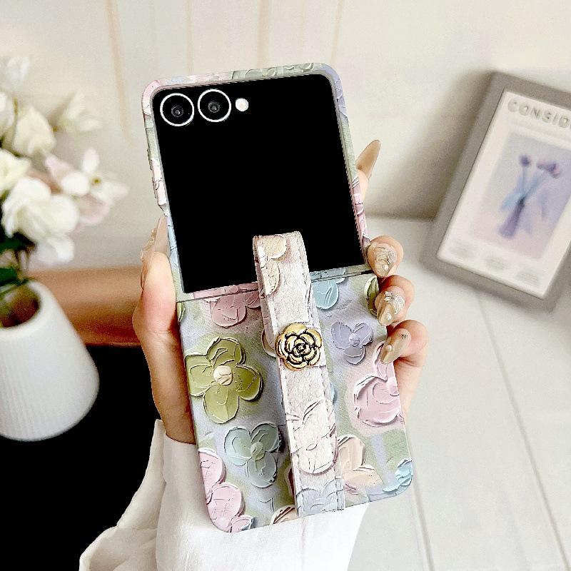 Embossed Watercolor Flower Samsung Z Flip6/5/7 Case with Anti-Lost Wrist Strap