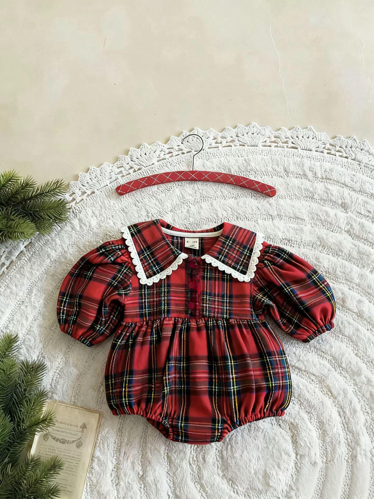 Красное клетчатое платье-комбинезон в корейском стиле для девочки (малышки и toddler) - Наряд на Рождество и Новый год 66 cm