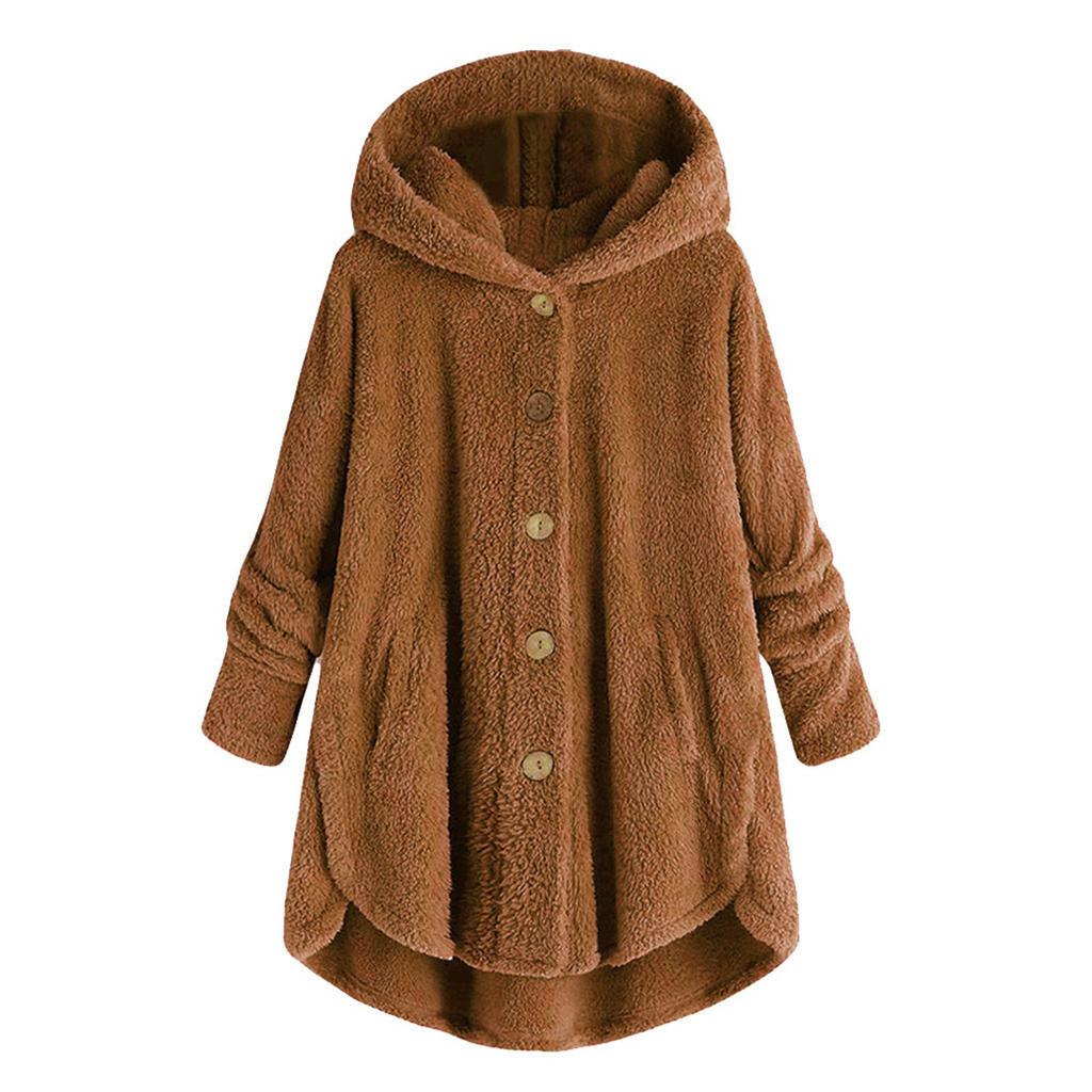 Kvinner Plus Size Button Plysj Topper Hette Løs Cardigan Ull Kåpe Vinterjakke