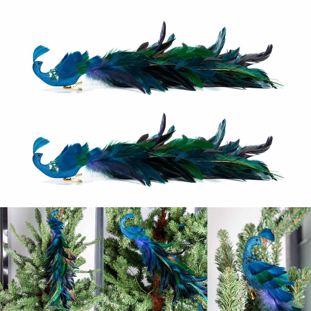 2PCS Christmas Decorations Tree Pendants Simulated Long Tailed Blue Peacocks Natural Feather Crafts Ornament Decor