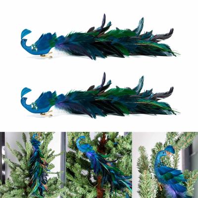 2PCS Christmas Decorations Tree Pendants Simulated Long Tailed Blue Peacocks Natural Feather Crafts Ornament Decor