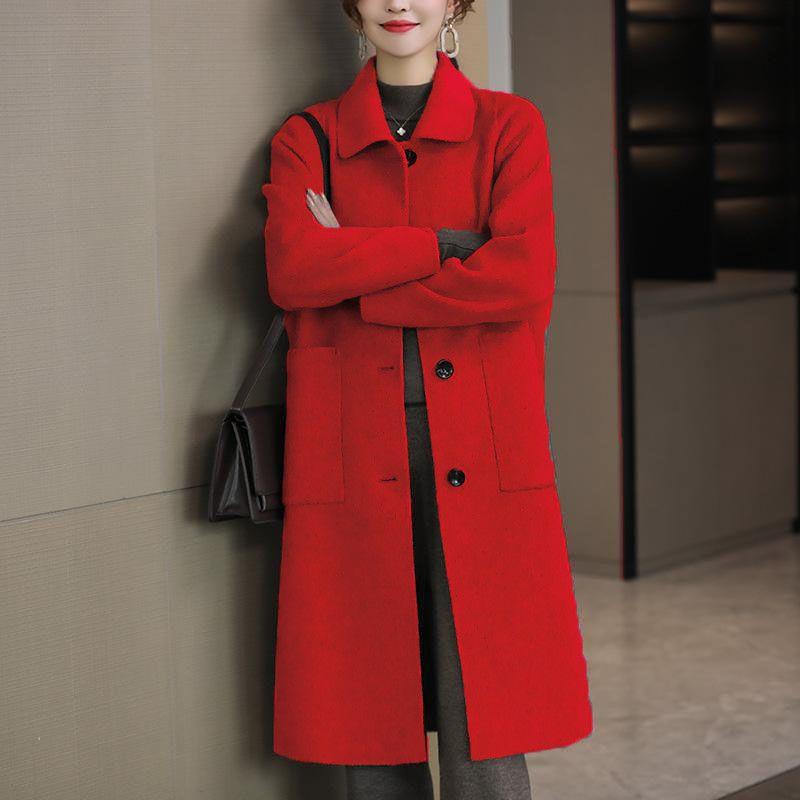 Womens Solid Color Wool Blend Coat Mid-Length Loose Fit Winter Outerwear Elegant Office Style