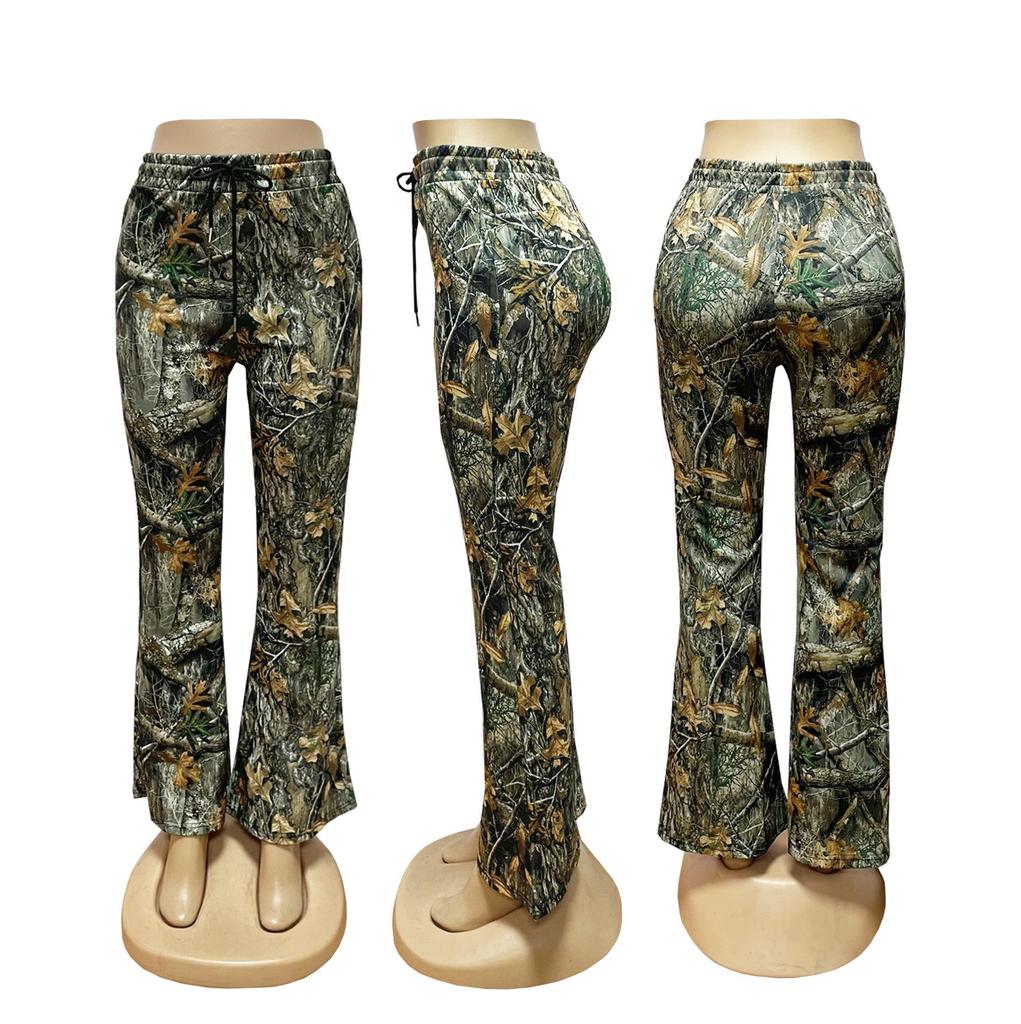 European-American Retro Print Elastic Waist Flare Sweatpants for Autumn Women