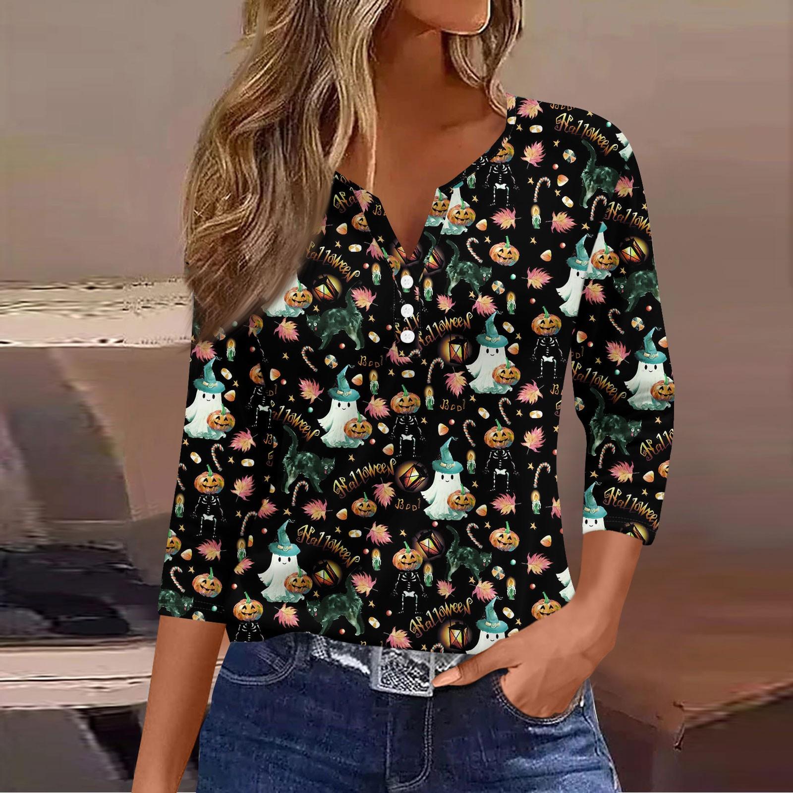 

Женские топы с рукавом 3/4, с принтом на Хэллоуин, винтажная мода, повседневные, свободные, с V-образным вырезом, больших размеров XL