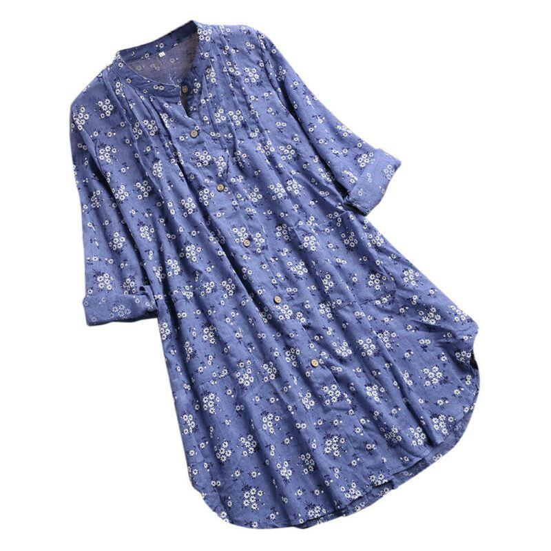 Elegant Women V-neck Long Sleeve Flower Print Linen Shirt Ladies Casual Loose Blouse Top