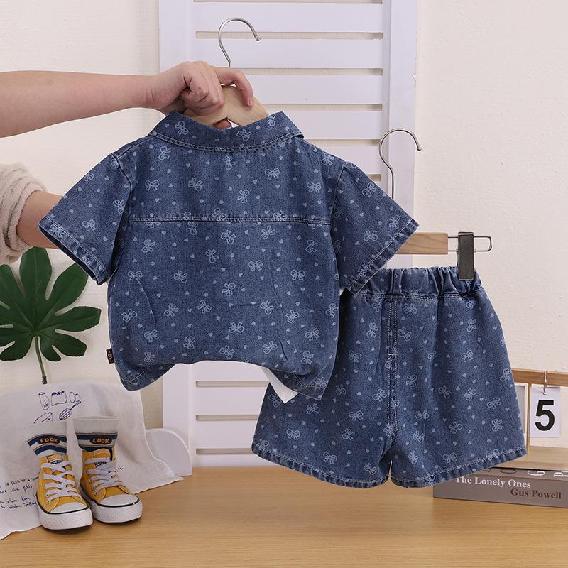 Girls Summer Denim 3 Piece Set Short Sleeve Bow Tie Casual Outfit
