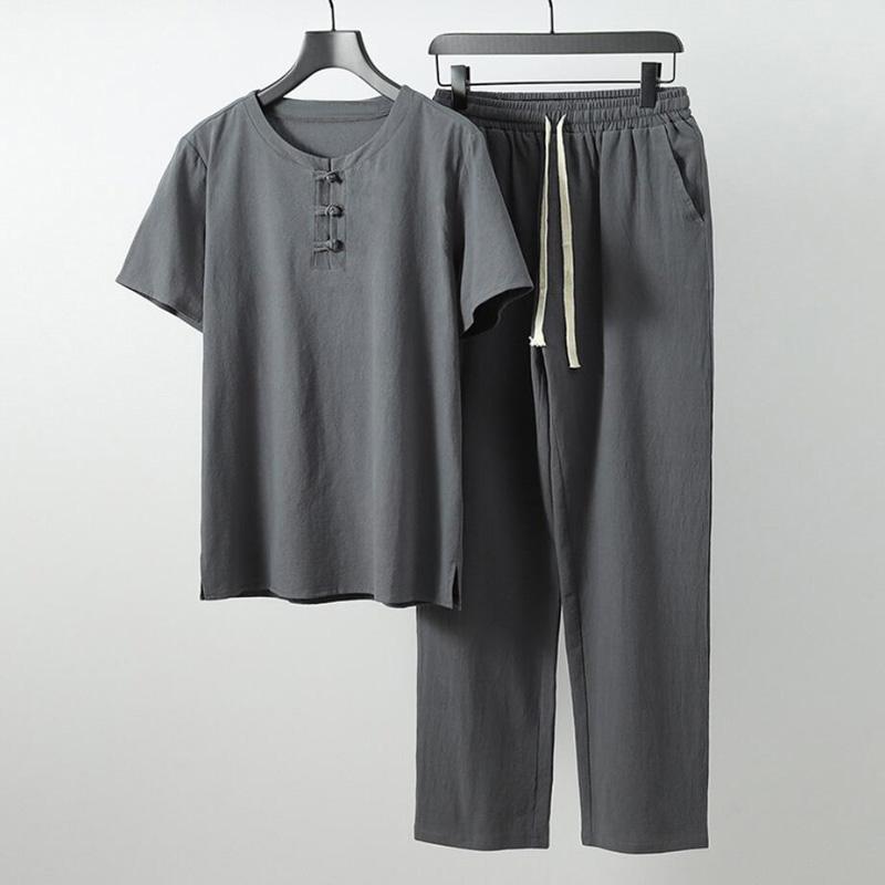 Summer Men Shirt S-9XL Plus Size Cotton Linen Suit Large Size Shirt with Pants Men 5 Colors