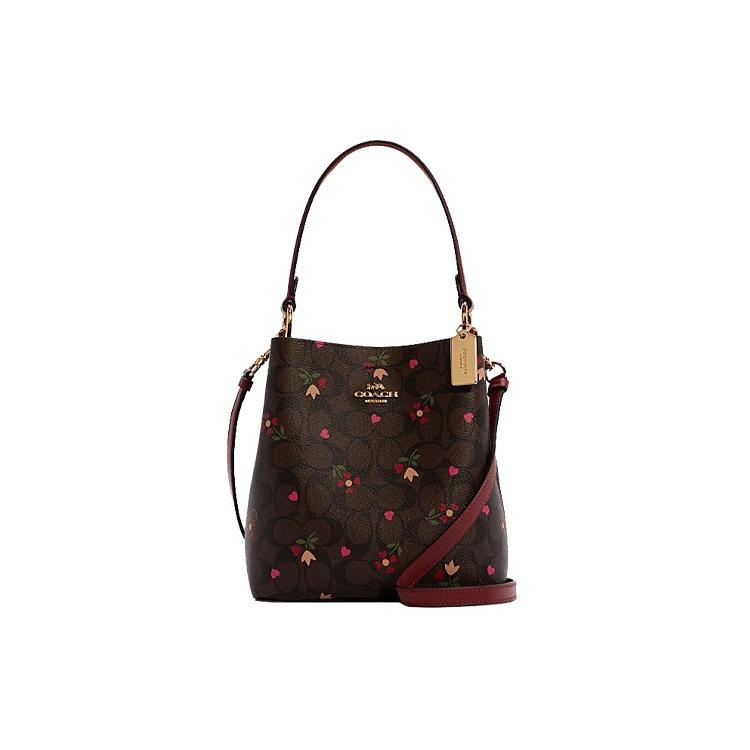 

New COACH Town Canvas With Leather Bucket Bag Handbag Shoulder Bag Crossbody Bag Small Size Women s Brown & Burgundy C7975-IMBMC 21.6*9.9*22.1CM