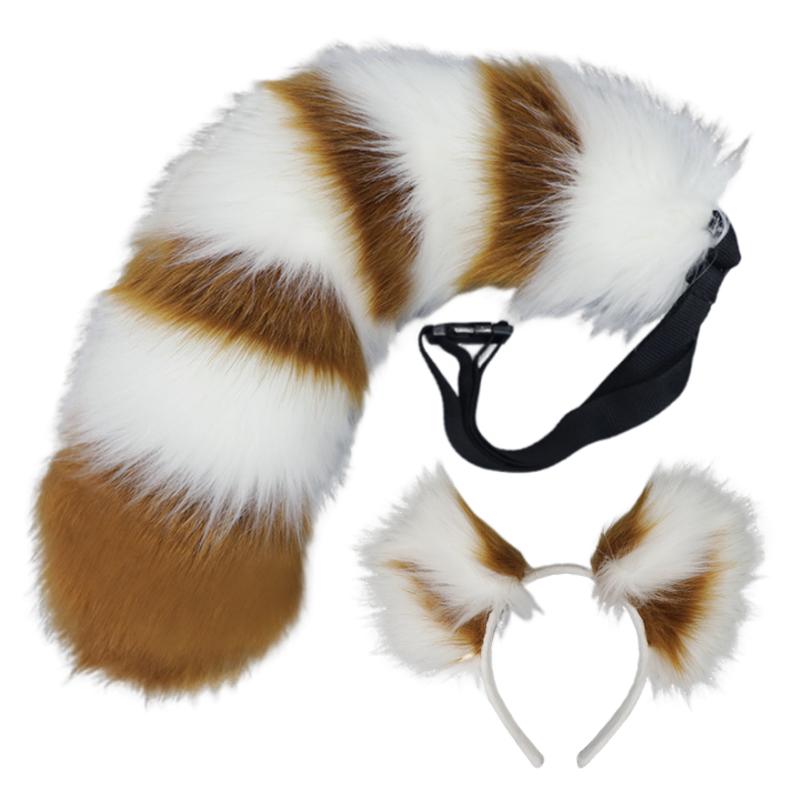 Neues Kunstfell-Ohren + Schwanz Set Waschbär Fuchs Ohr Stirnband Tier Schwanz Halloween Kostüm Requisiten Anime Haarband Cosplay Zubehör
