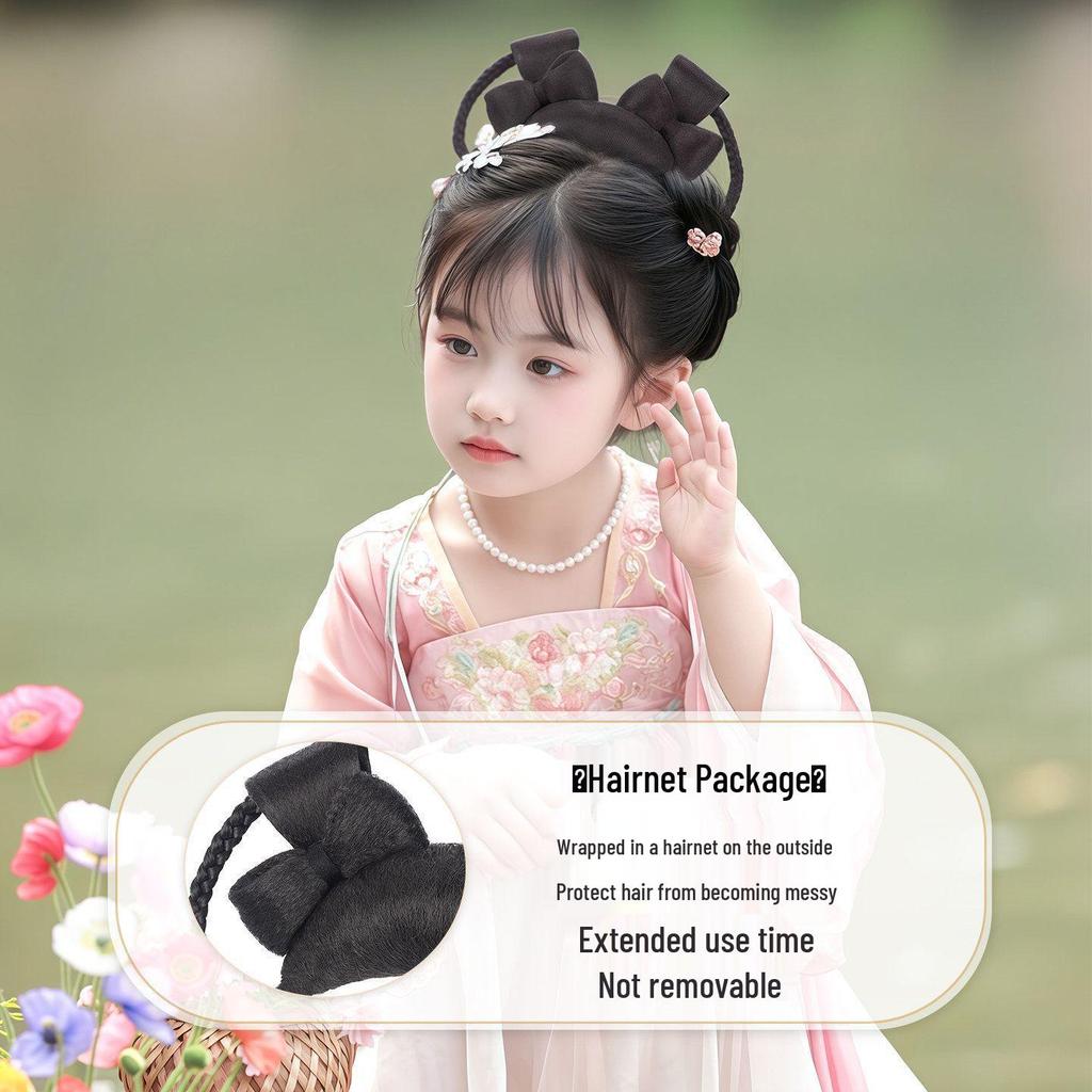 Jade Rabbit Hanfu Wig: Children's Ancient Style Tang Dynasty Updo with Hair Padding and Bun Headdress