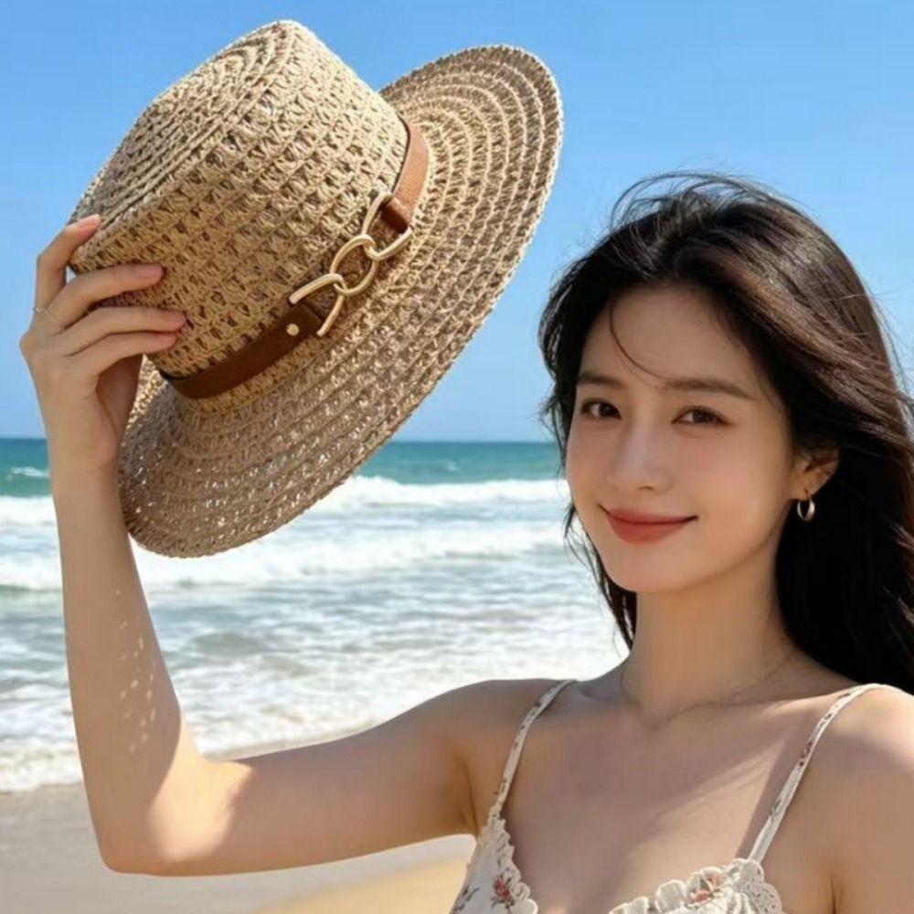 Woven Flat Top Hat Buckle Decorated Band Flat Brim Hat Versatile Straw Hat Daily Matching