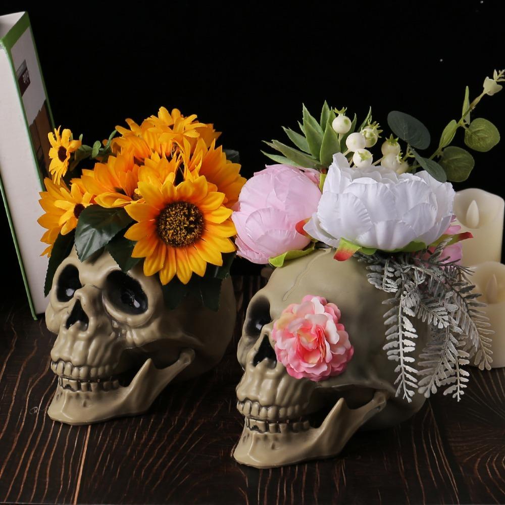 With Flower Sunflower Skull Ornament Plastic Halloween Decoration Prop Skull Statue  Living Room