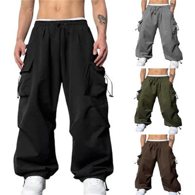 Men Cargo Pants Drawstring Elastic Waist Loose Deep Crotch Multi Pockets Solid Color High Street Soft Breathable Full Length Men Long Trousers