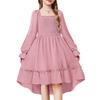 Girls' Fashionable And Cute Solid Color Square Neck Bell Sleeve Long Sleeve Ruffled Wide Hem Dress
