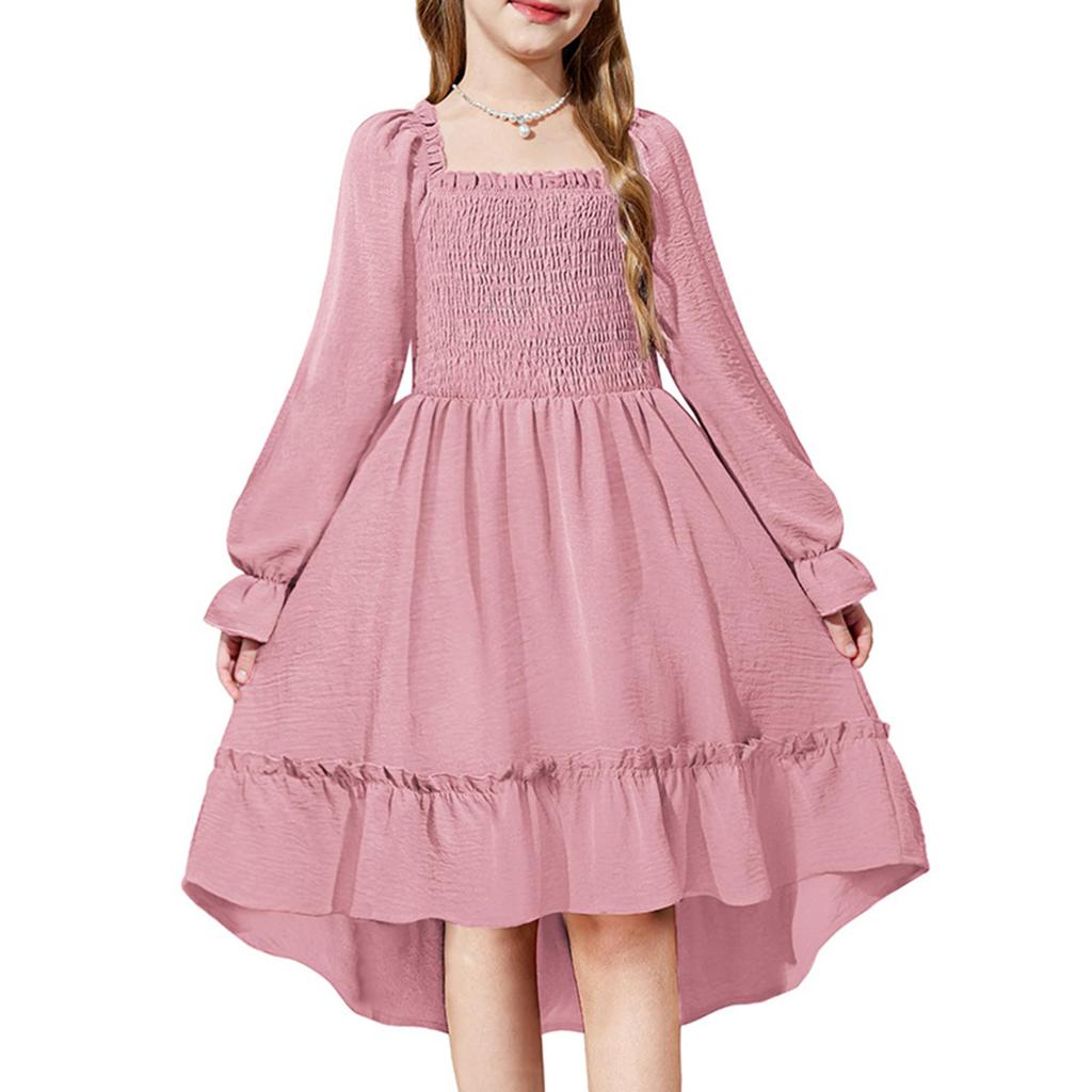 Girls' Fashionable And Cute Solid Color Square Neck Bell Sleeve Long Sleeve Ruffled Wide Hem Dress