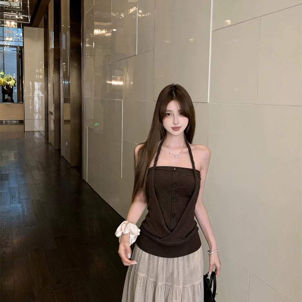 Neck-hanging Fake Two-piece Splicing Tube Top, Sling Vest, Pure Desire Spice Girl Outfit, Summer Design Niche Top