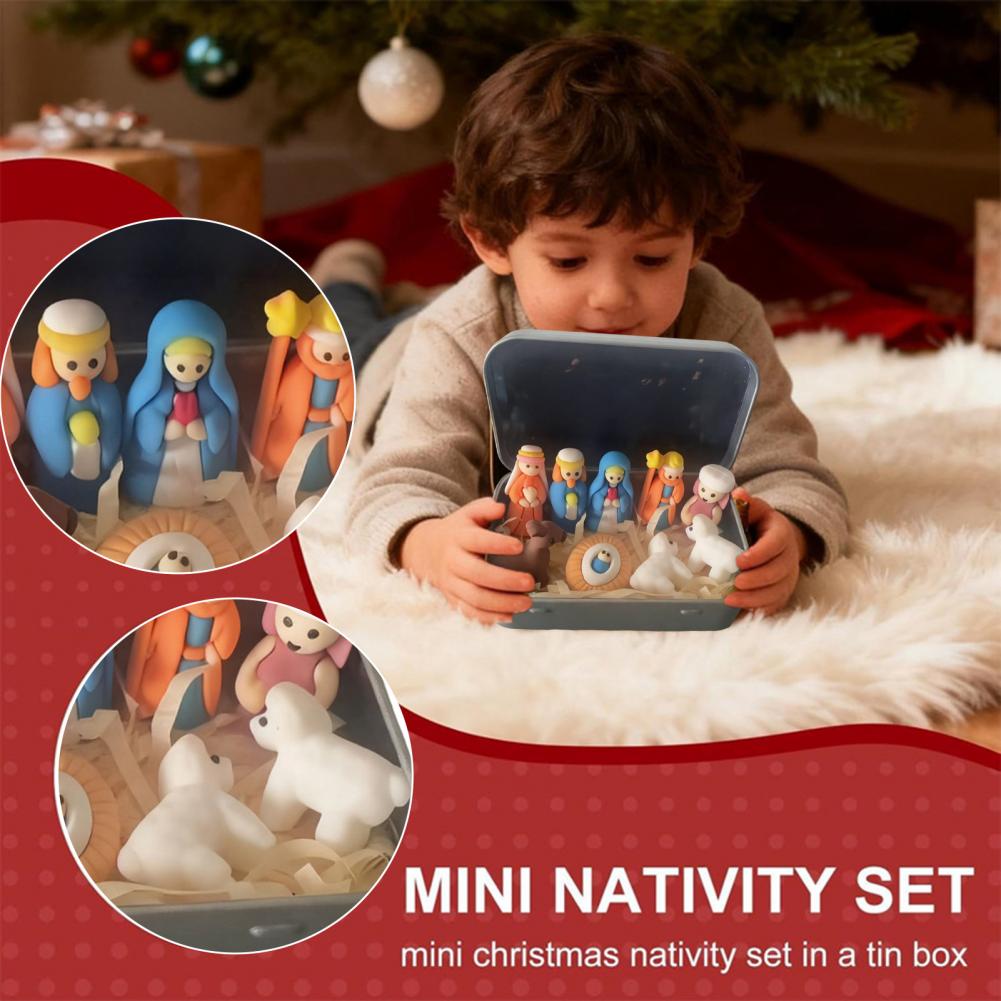 1/2/3Pcs Mini Nativity Scene Set in Tin Box Handcrafted Pocket Size Nativity Scene Tin Resin Birth of Jesus Ornament Christmas D