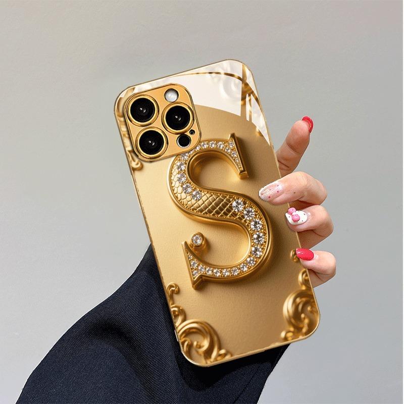 Golden Letter S Pattern Gold Metallic Paint Glass Phone Case For iPhone 17 16 15 14 13 12 11 Pro Max 16 15 Plus 17 Air 16E Cover