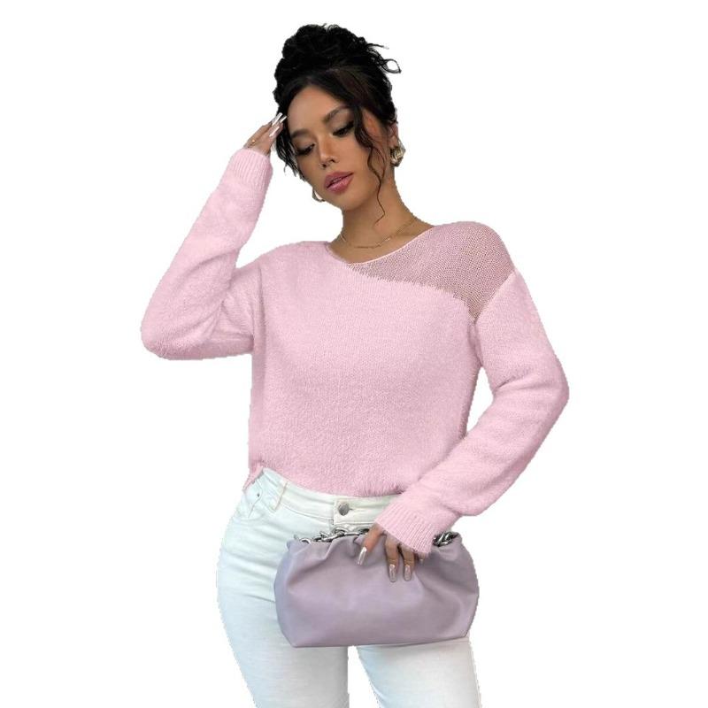 Pink Pullover Crew Neck Loose Knitted Sweater Women's Seamless Lazy Sweater